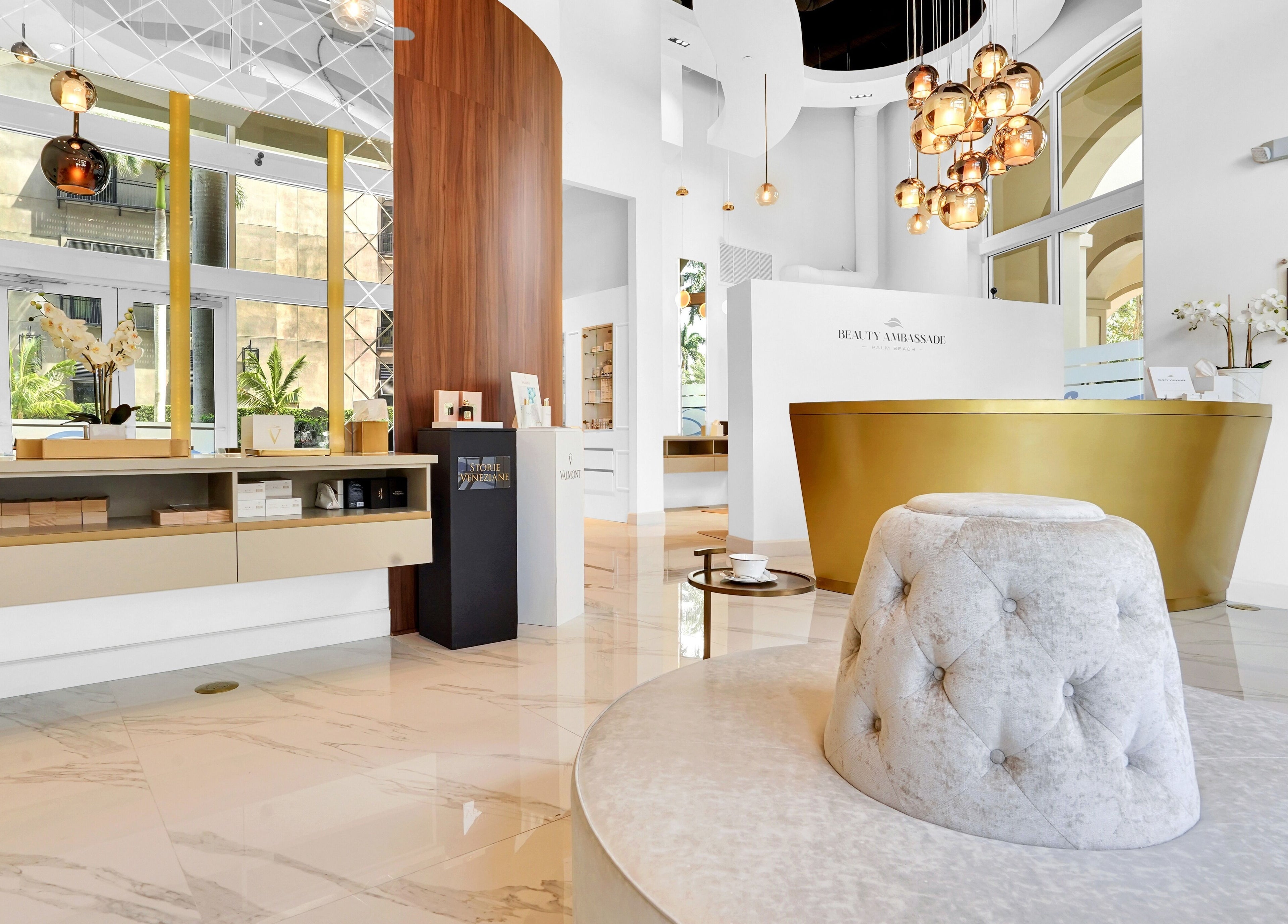 Opulent lobby of Beauty Ambassade and Spa in West Palm Beach, Florida, US showcasing elegant decor.