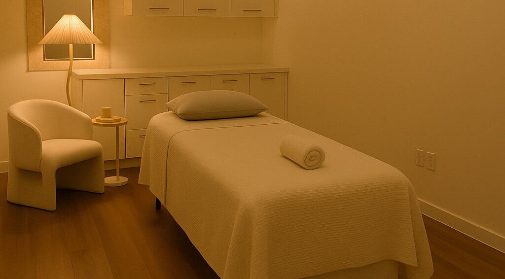 A tranquil treatment room at Dermaland, Melbourne, Victoria, AU, featuring a cozy massage table and warm lighting.