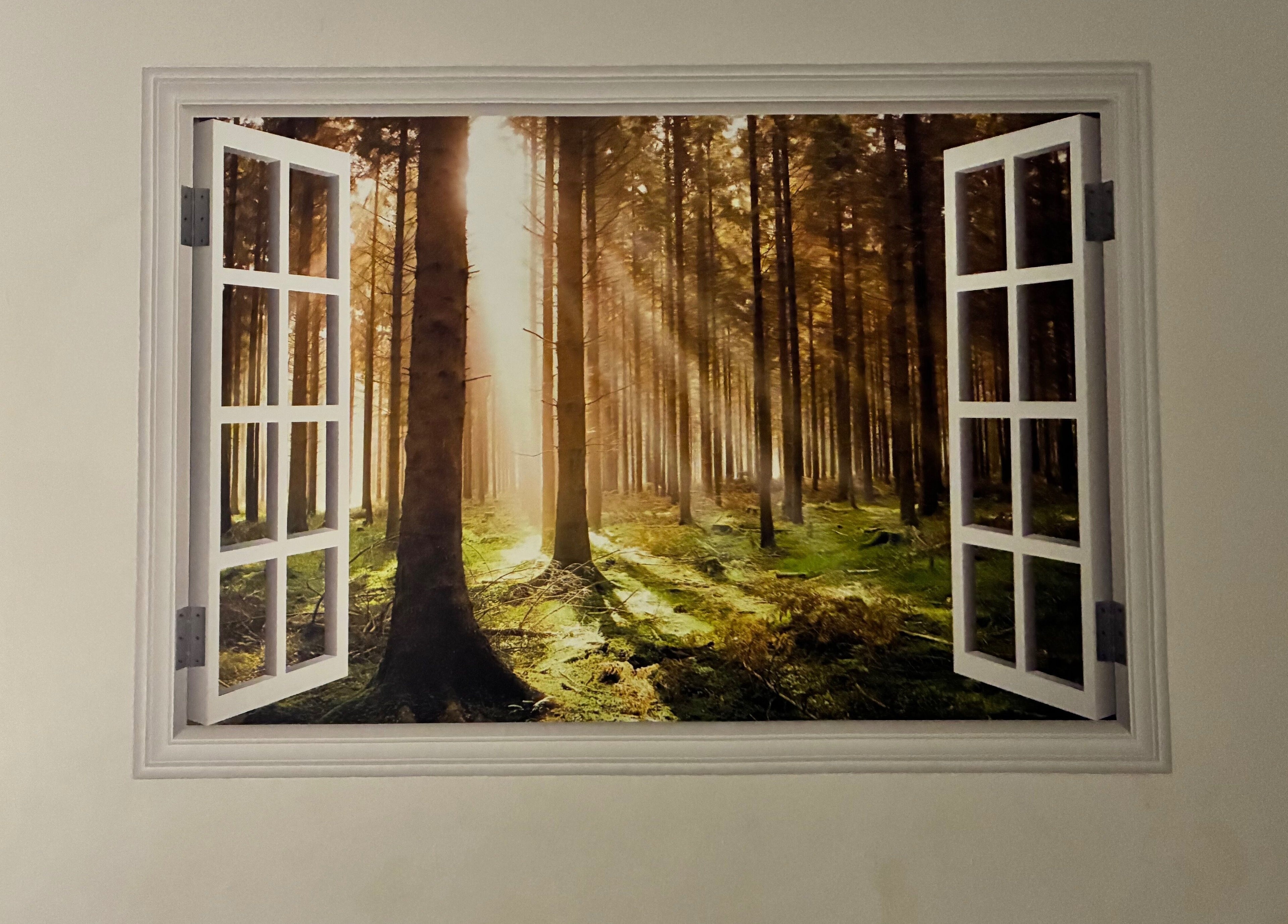 Open window to sunlit forest at Tranquil Fields, Farrington Gurney, England, GB.