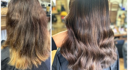 Before and after hair transformation at JADE Hair in Congleton, England, GB showcasing a glossy finish.