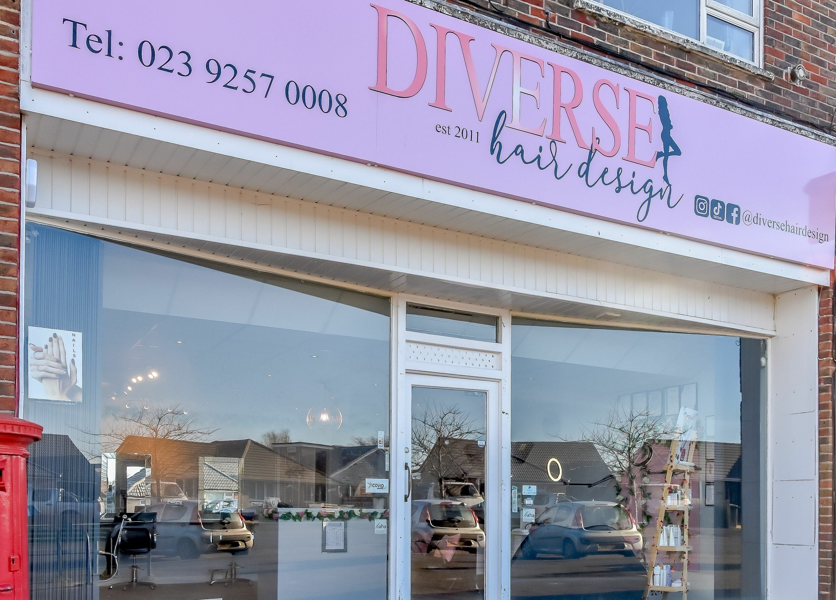 Front view of Diverse Hair Design salon in Waterlooville, England, GB showcasing its stylish facade.