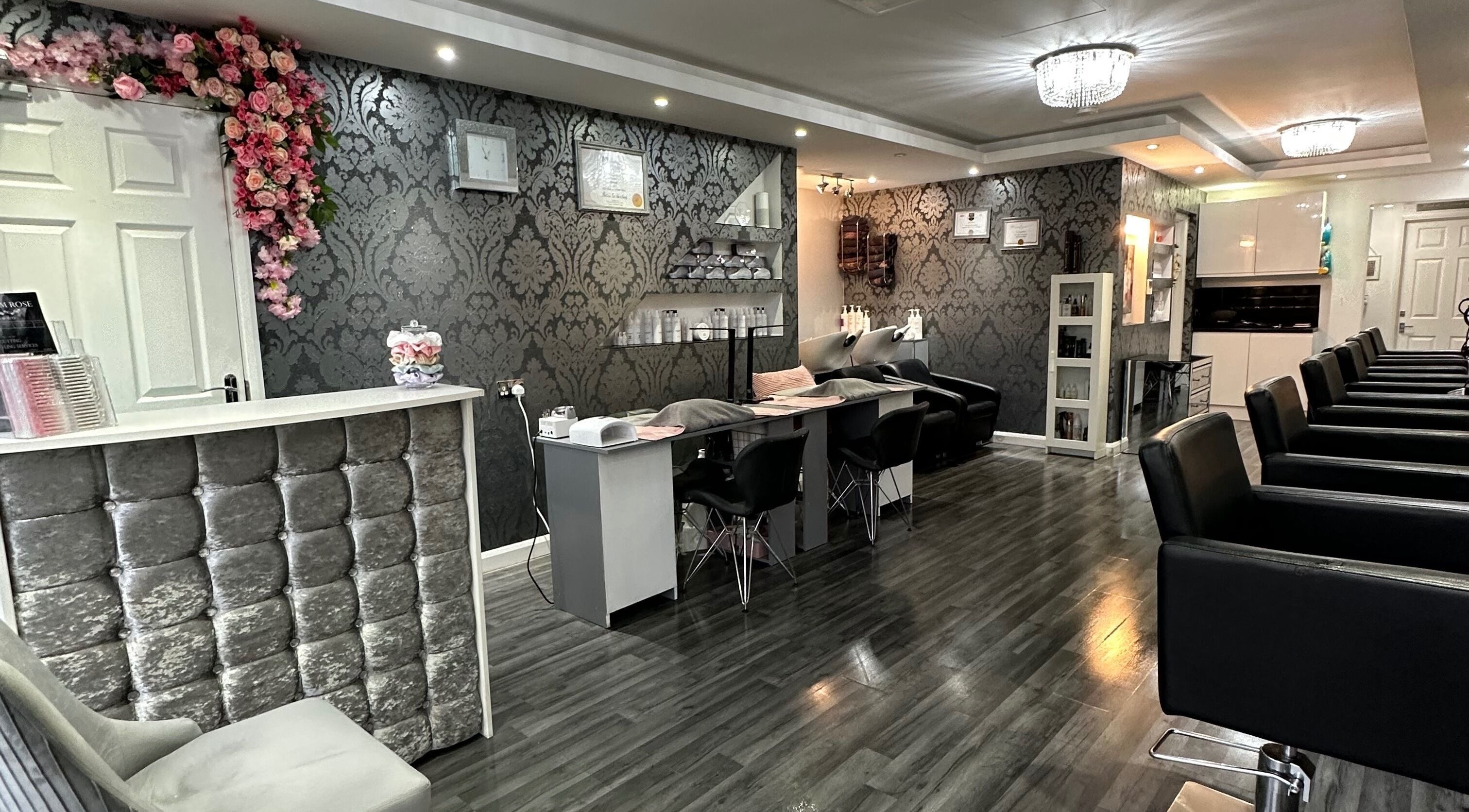 Elegant interior of Platinum Rose Hair & Beauty, Canvey Island, England, GB showcasing plush seating and chic decor.