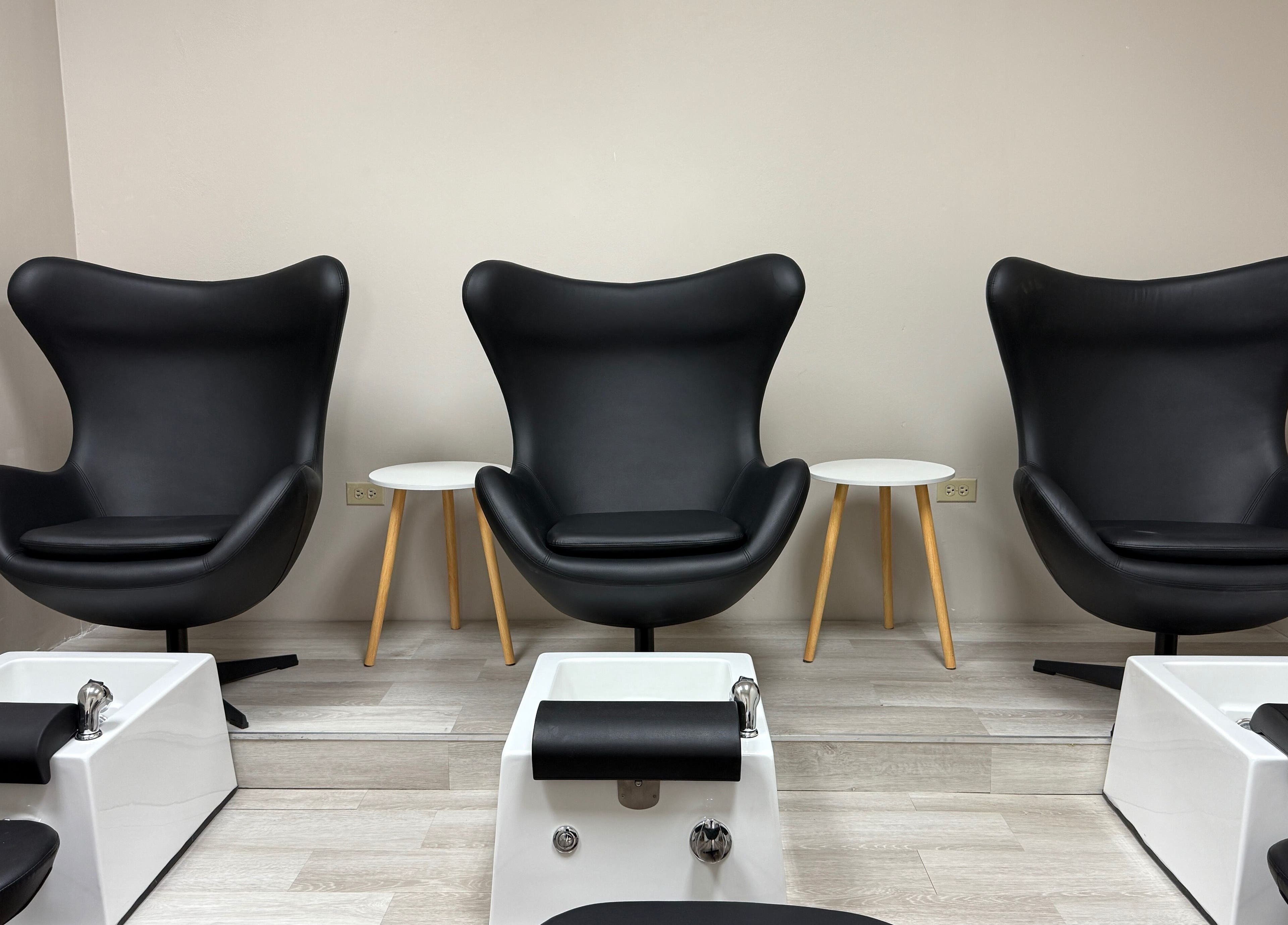 Chic pedicure chairs at Enhance Aesthetics in Canaan, Tobago, TT, offering luxury wellness experiences.