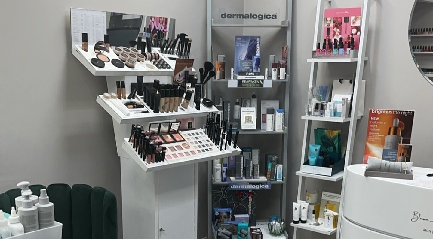 Makeup and skincare shelves at Blossom Health and Beauty, Great Shelford, England, GB.