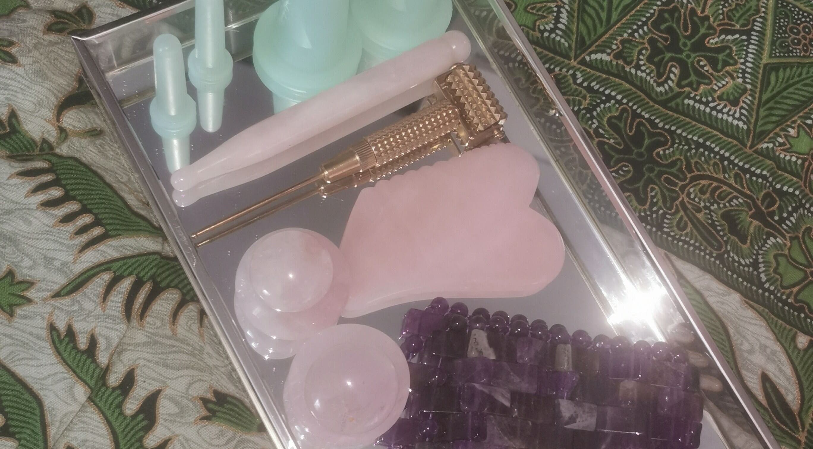 Wellness tools at Stacey's Studio: Skincare & Wellness, Doddington, England, GB, featuring crystals and jade rollers.