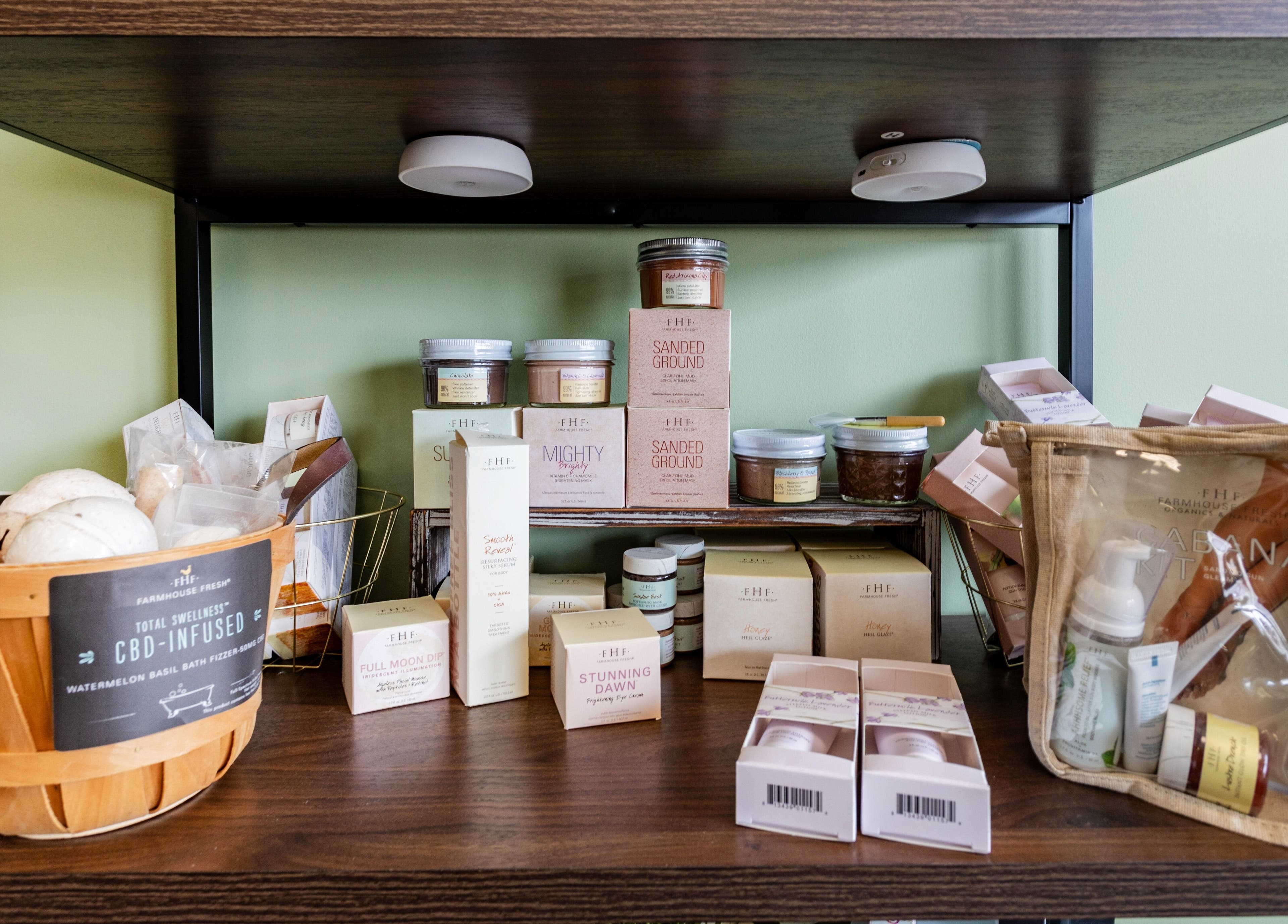 Beauty products shelf at Bare Beauty Aesthetics in Ludlow, Massachusetts, US showcasing wellness essentials.