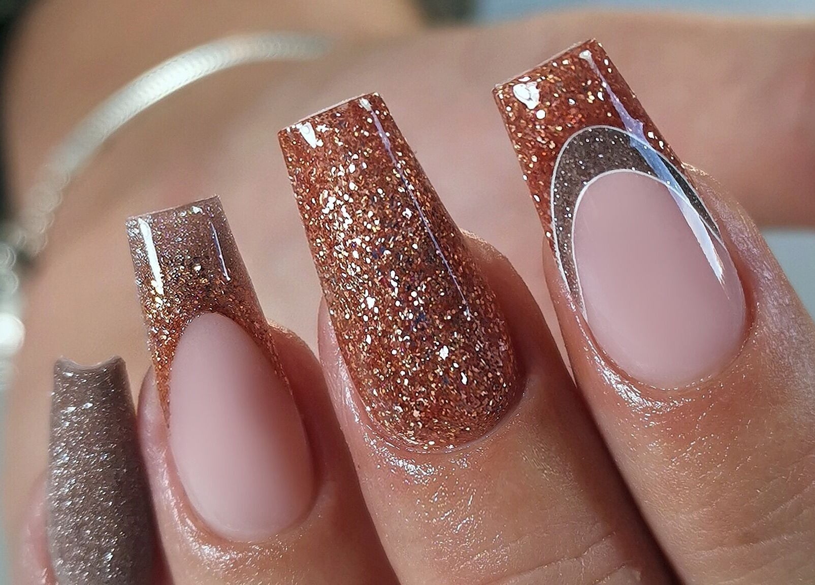 Sparkly nails by Kerry Wright Nail Artist in Rotherham, England, GB, showcasing intricate glitter design.