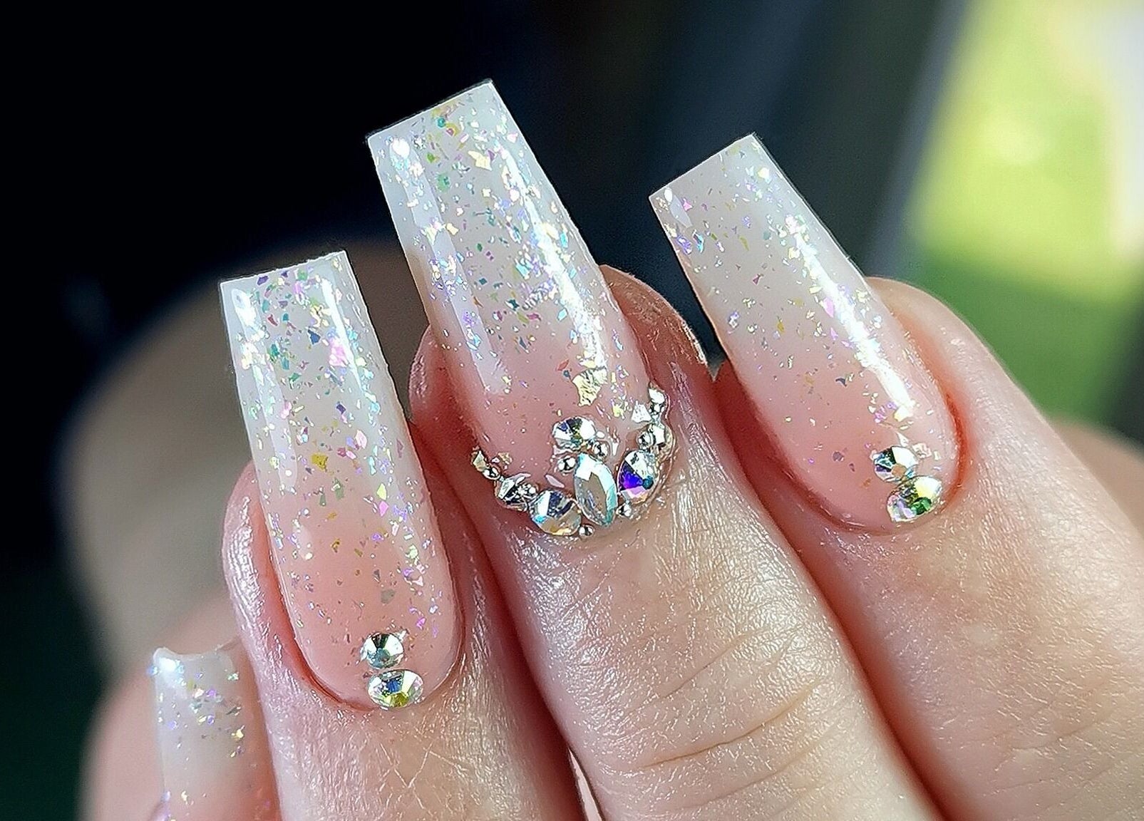 Glamorous nail art by Kerry Wright Nail Artist in Rotherham, England, GB featuring glitter and gemstones.