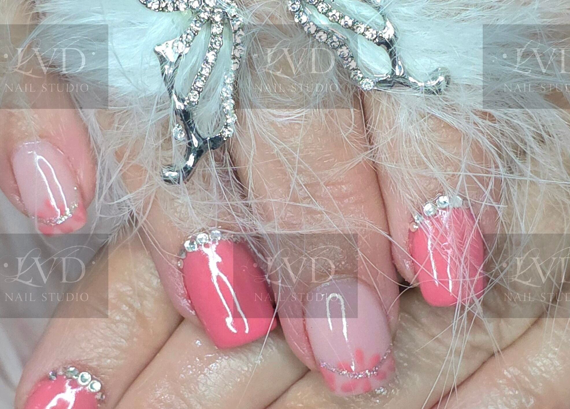 Elegant pink manicured nails with rhinestone art at LVD NAIL STUDIO, Pretoria, Gauteng, ZA.