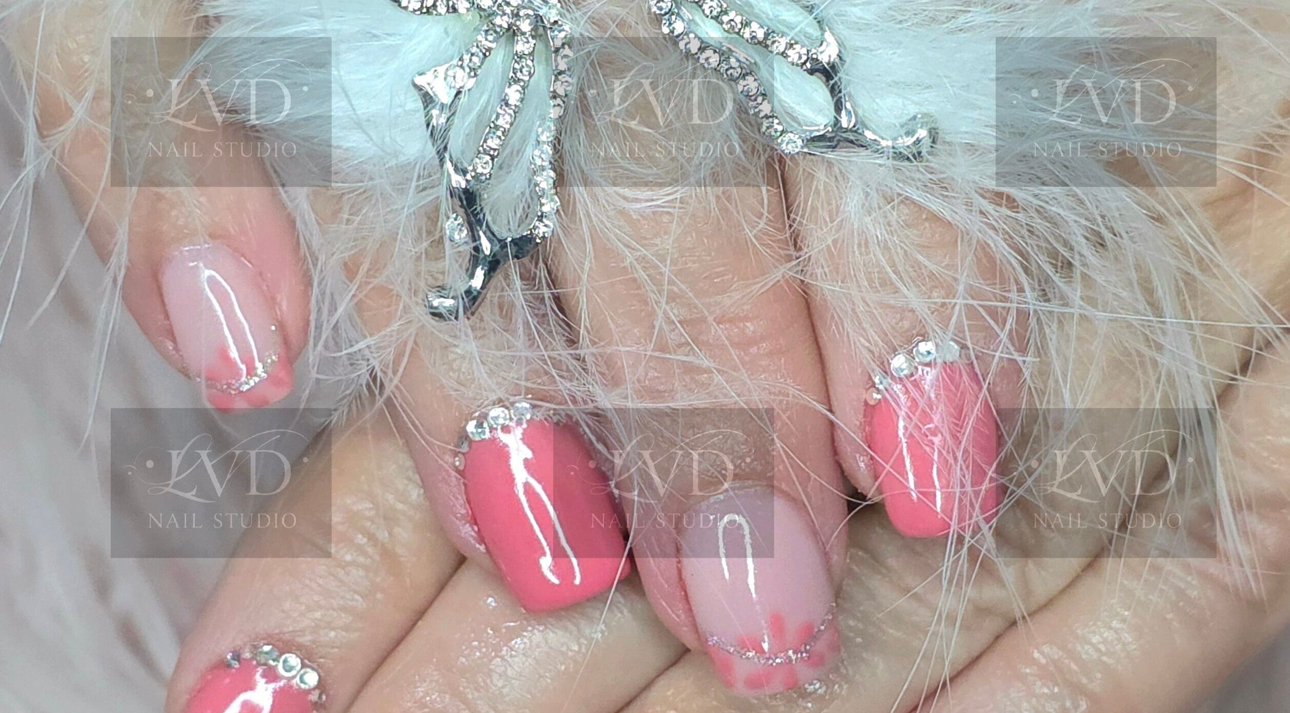 Elegant pink manicured nails with rhinestone art at LVD NAIL STUDIO, Pretoria, Gauteng, ZA.