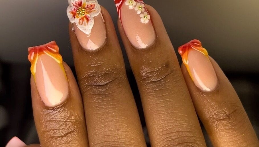 Elegant floral nail design at Ndawonde Beauty Boutique, Benoni, Gauteng, ZA.