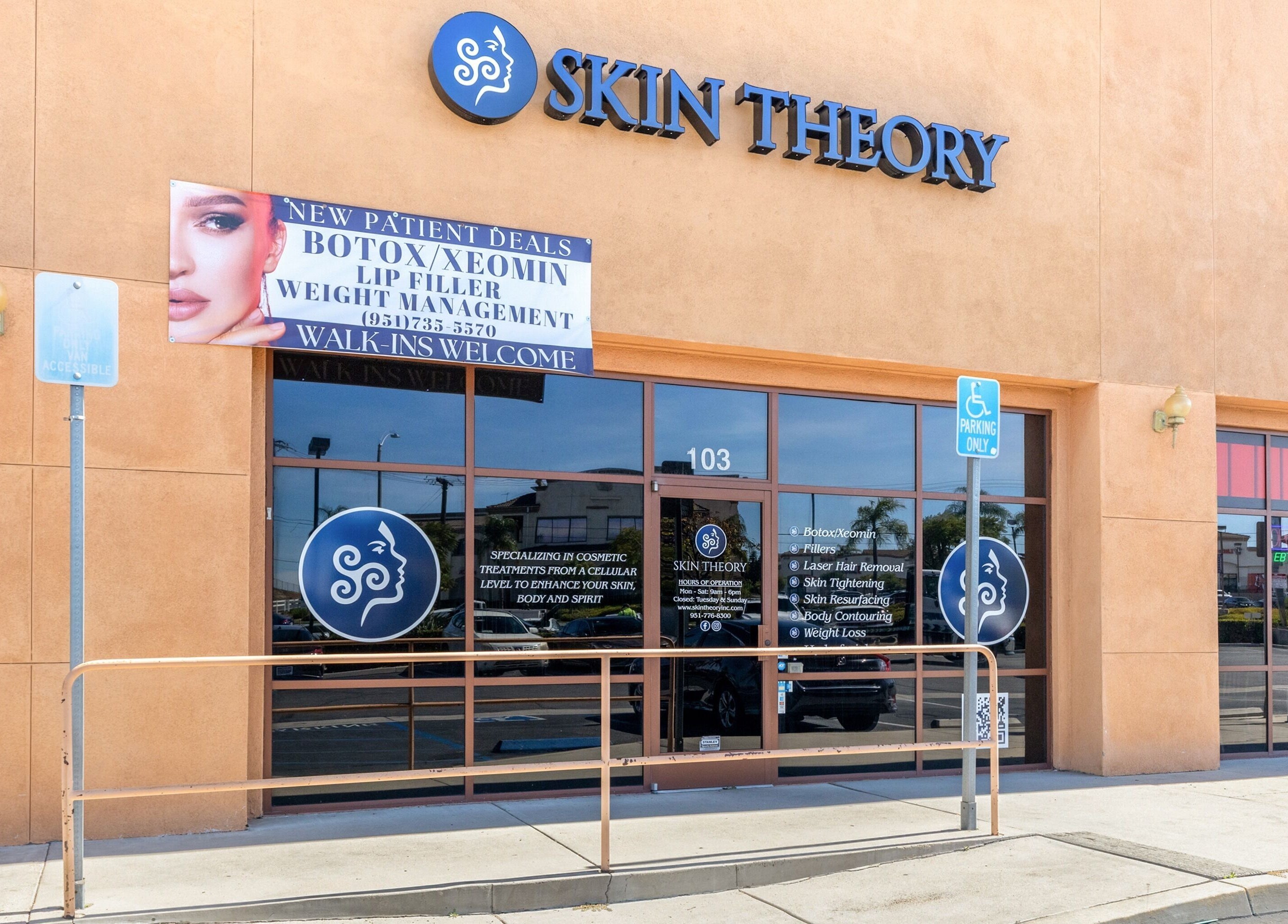 Exterior view of Just Be Skin Day Spa, Riverside, California, showcasing inviting storefront and signage.