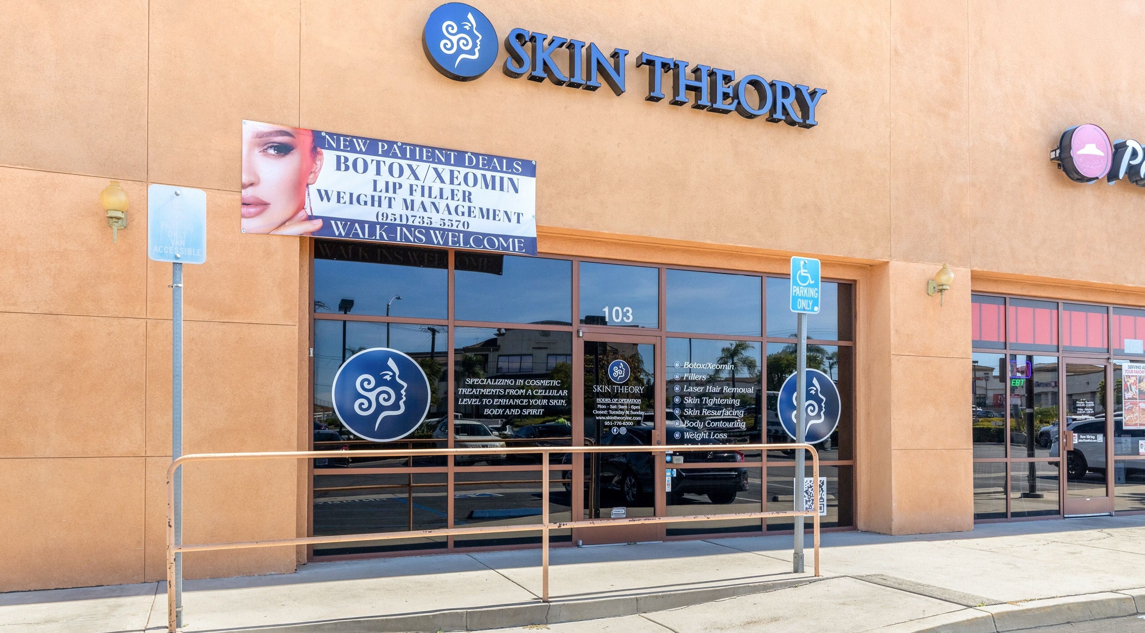 Exterior view of Just Be Skin Day Spa, Riverside, California, showcasing inviting storefront and signage.