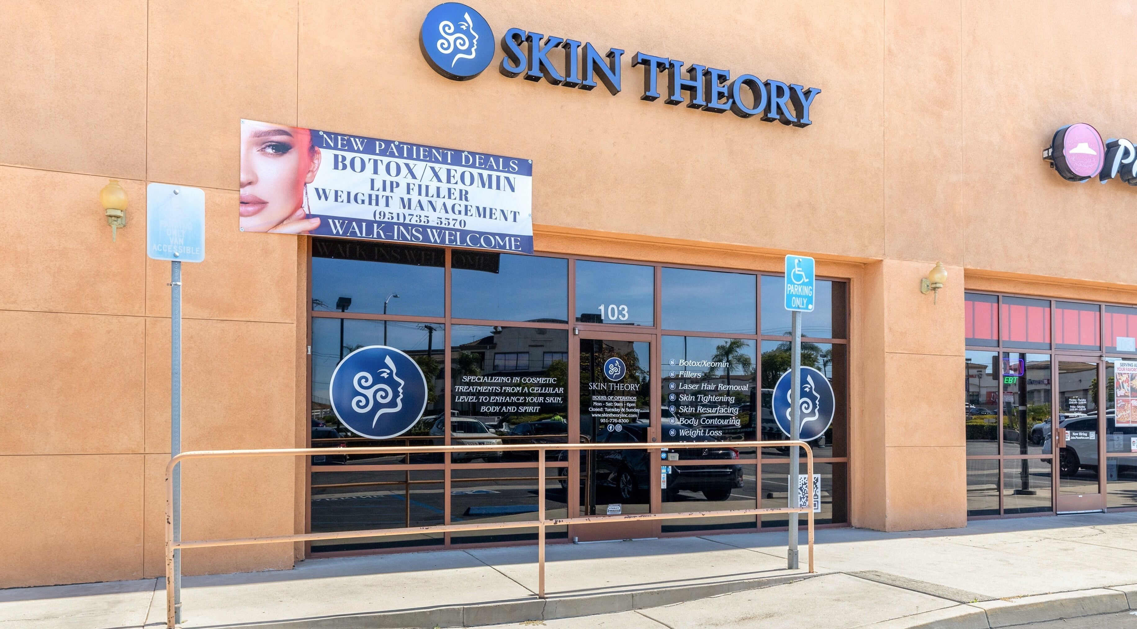Exterior view of Just Be Skin Day Spa, Riverside, California, showcasing inviting storefront and signage.