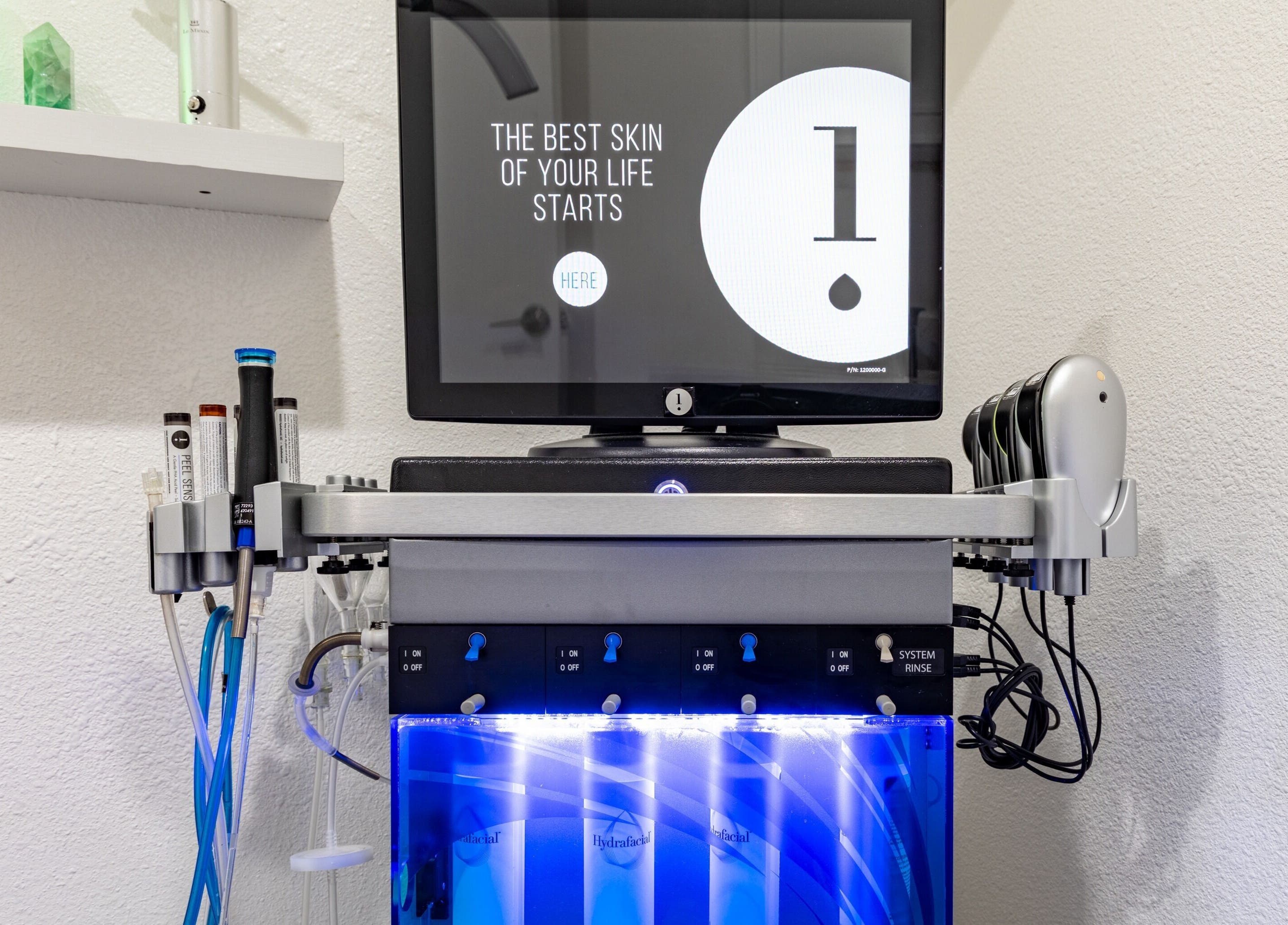 Hydrafacial machine at Just Be Skin Day Spa in Riverside, California, US, offering advanced skin treatments.