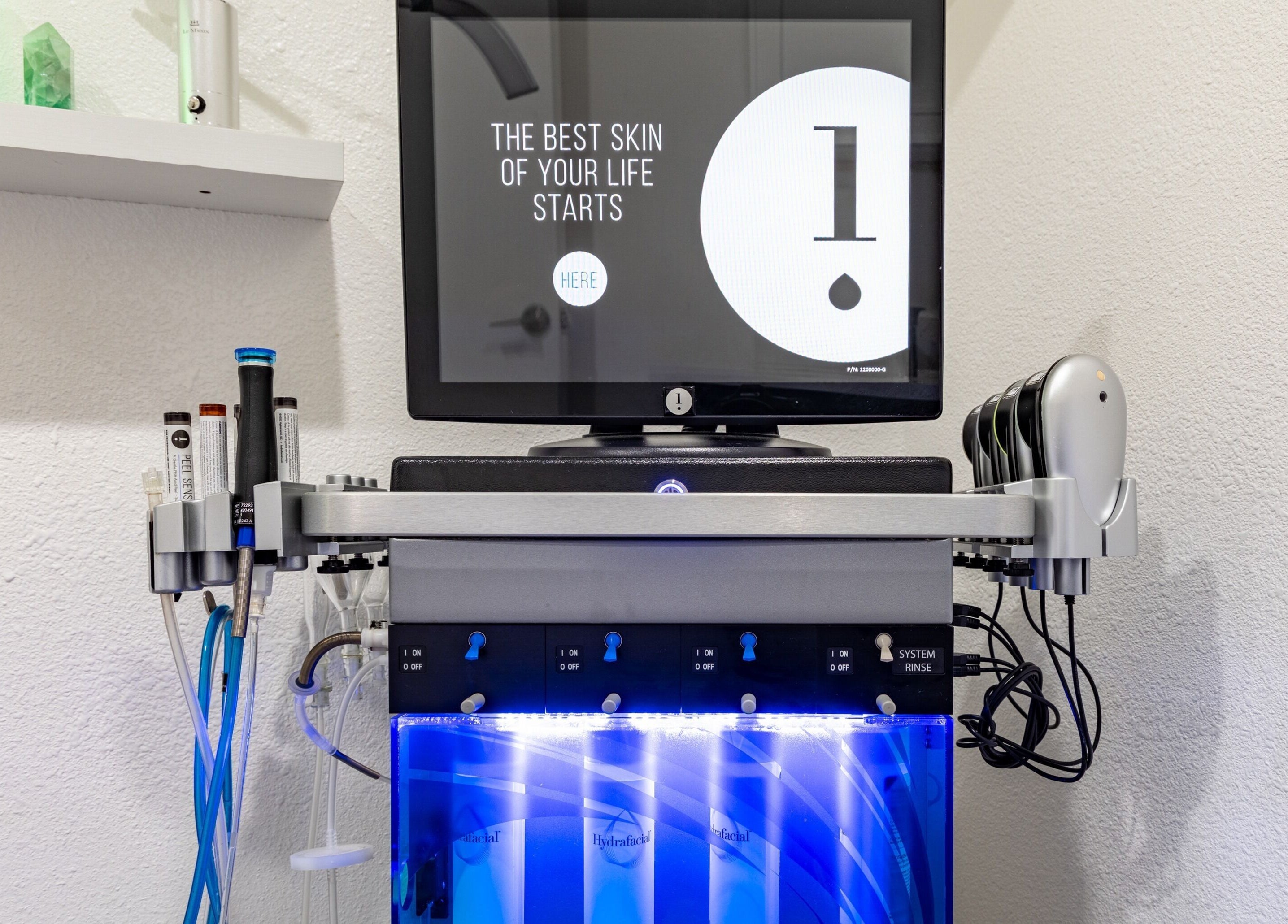 Hydrafacial machine at Just Be Skin Day Spa in Riverside, California, US, offering advanced skin treatments.