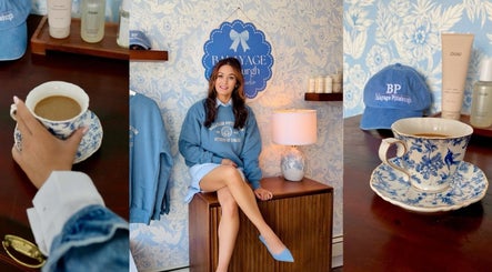 Inside Balayage Pittsburgh, a stylish setup in Pittsburgh, Pennsylvania with blue decor and a tea set.