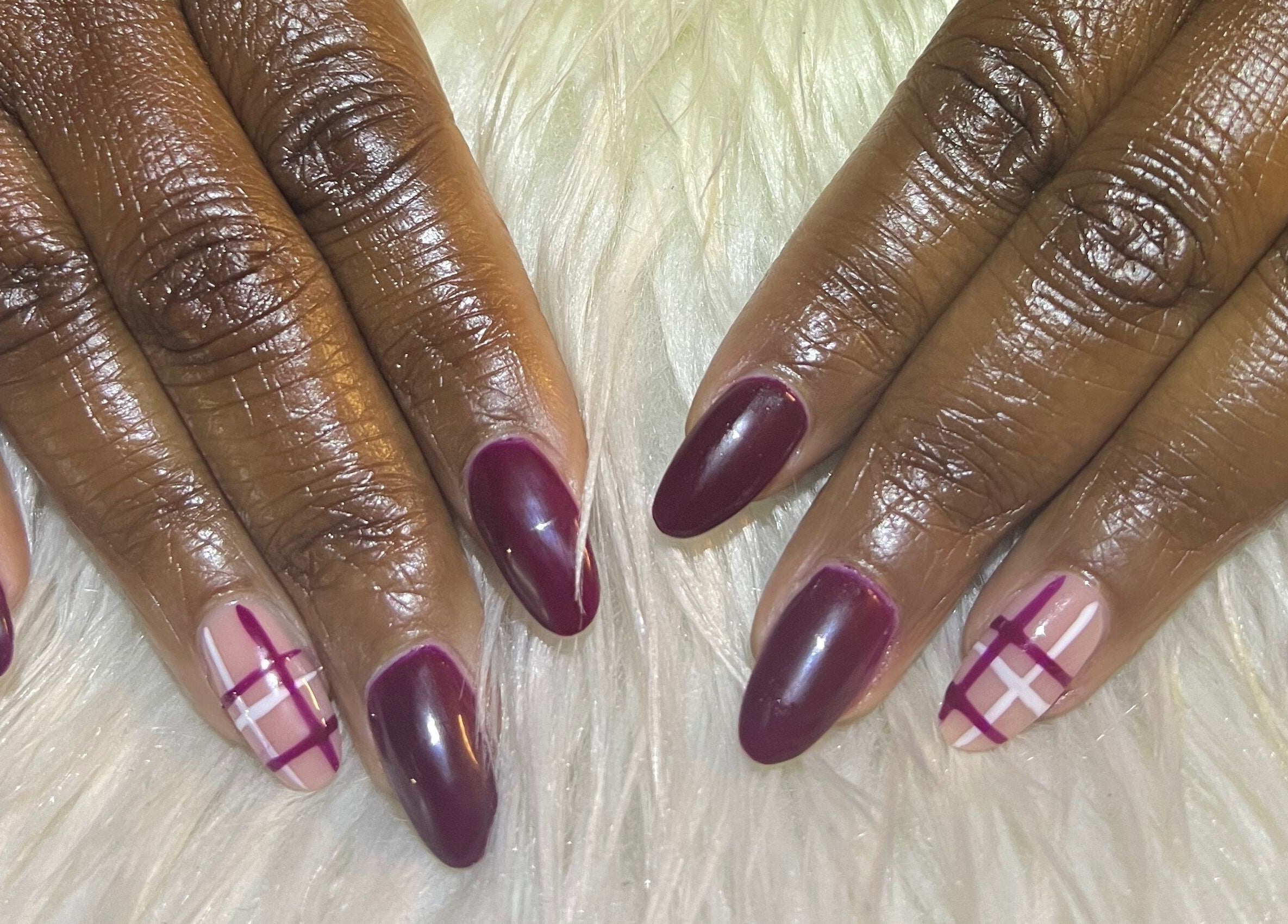 Burgundy and plaid nail art by Nail Anatomy - Mobile, Stockbridge, Georgia, US.