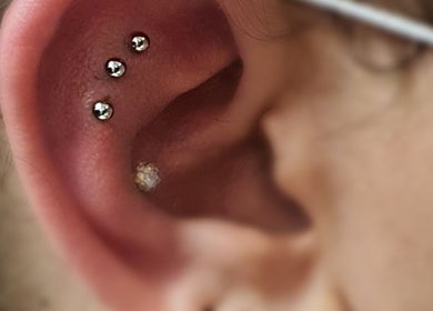 Shiny ear piercings at Assari Tattoo Studio, Johannesburg, Gauteng, ZA, showcasing expert craftsmanship.