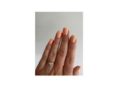 Peach manicure with a diamond ring at Arch and Gloss Studio, Auckland, Auckland, NZ.