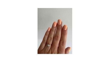 Peach manicure with a diamond ring at Arch and Gloss Studio, Auckland, Auckland, NZ.
