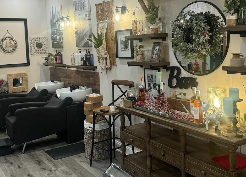 Chic interior of Slek Hair Studio in Florham Park, New Jersey, US, showcasing elegant decor and styling stations.