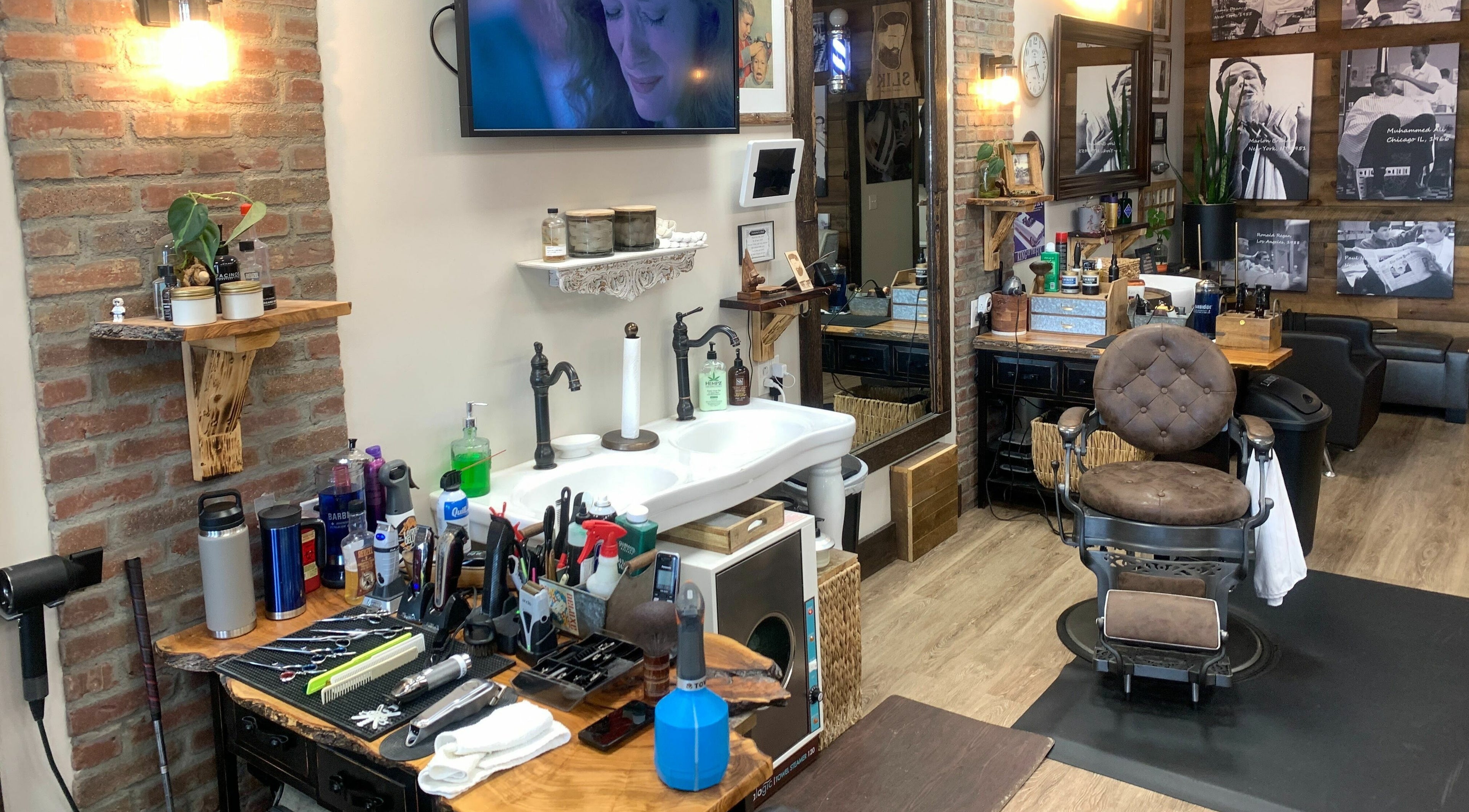 Interior of Slek Hair Studio in Florham Park, New Jersey, showcasing a vintage barbershop chair and styling tools.