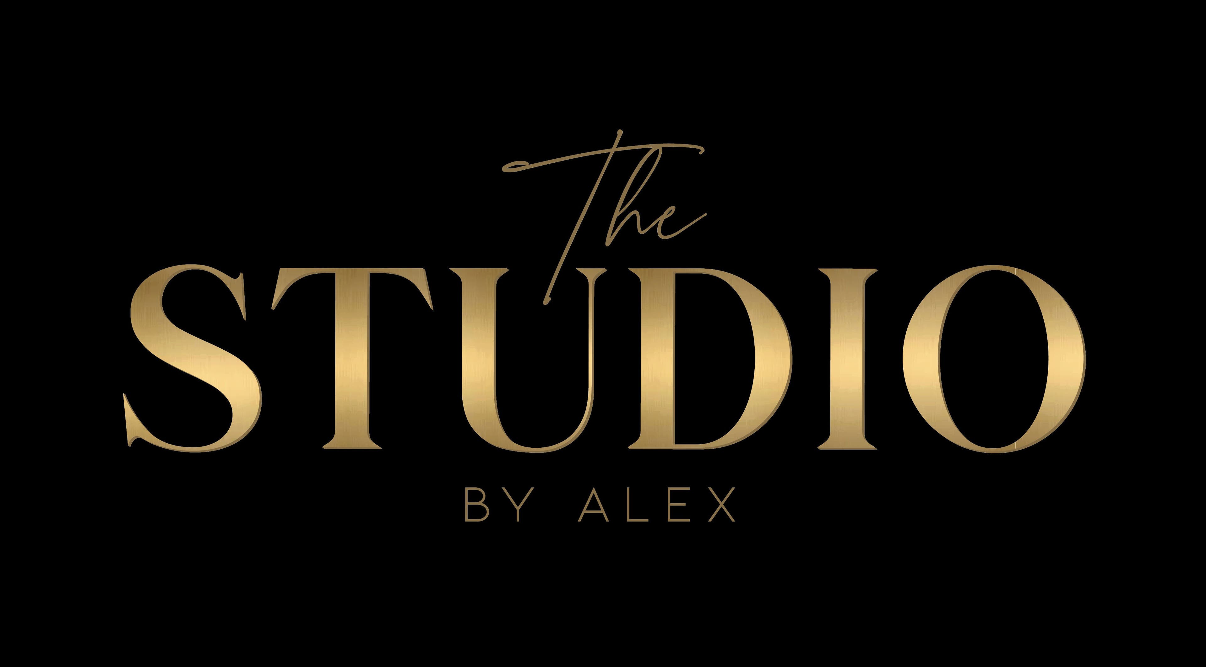 The Studio By Alex logo in gold lettering on black background, Billingham, England, GB.