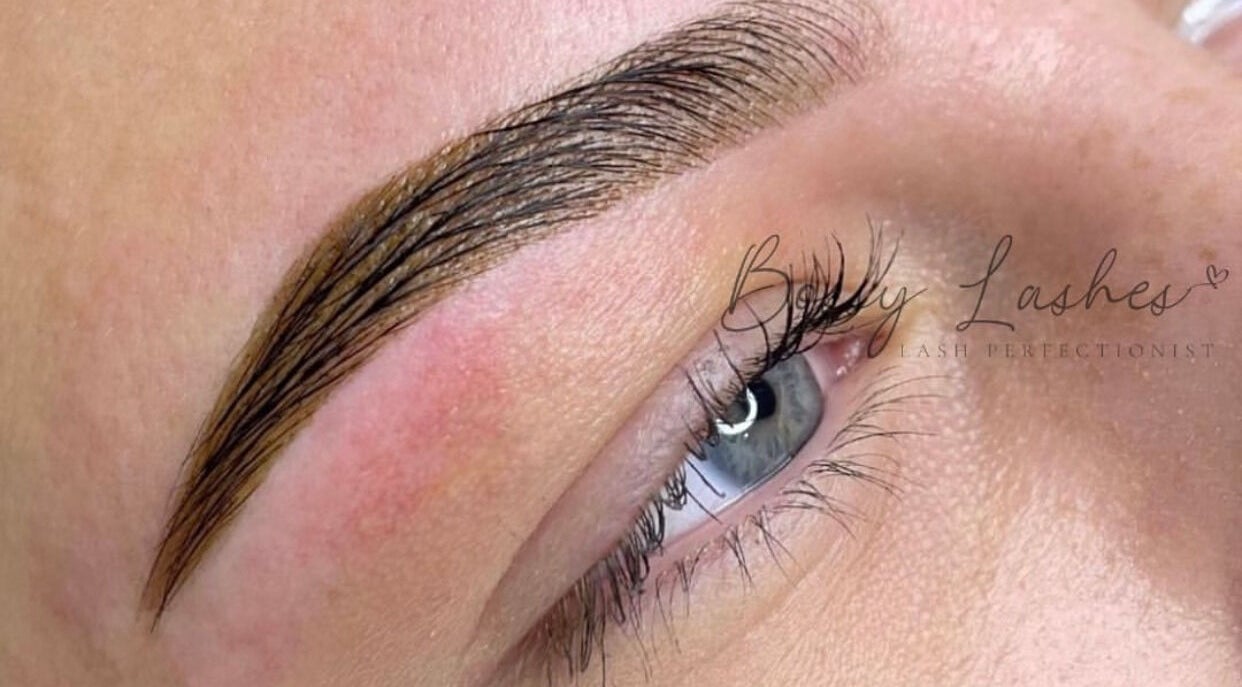 Close-up of expertly shaped eyebrows at Bossy Lashes, Wickford, England, GB showcasing precision and style.