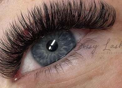 Close-up of eye with voluminous lashes at Bossy Lashes, Wickford, England, GB.