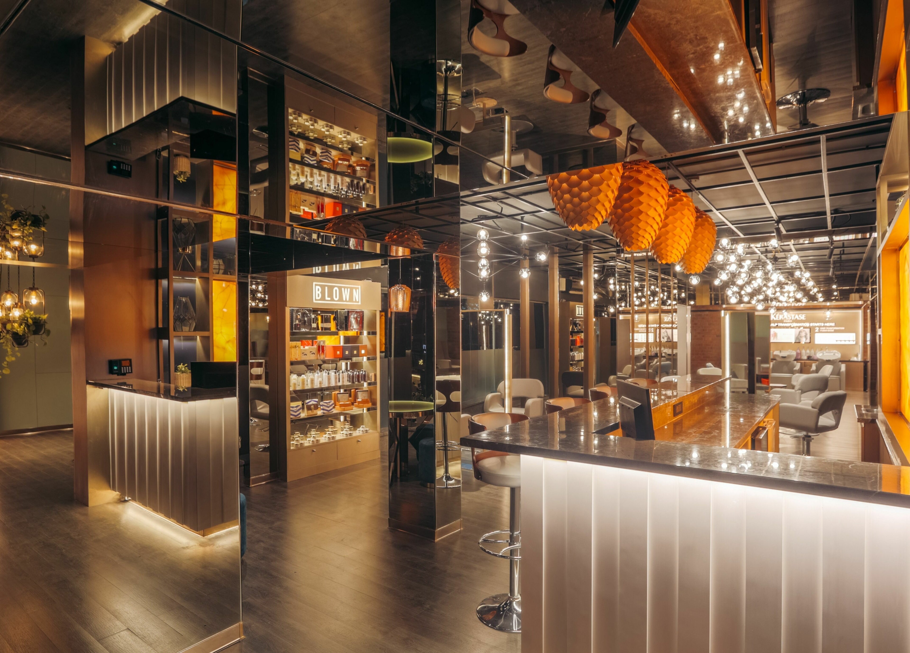 Elegant interior of Blown - Salon - Indiranagar in Bangalore, Karnataka, IN with stylish lighting and decor.