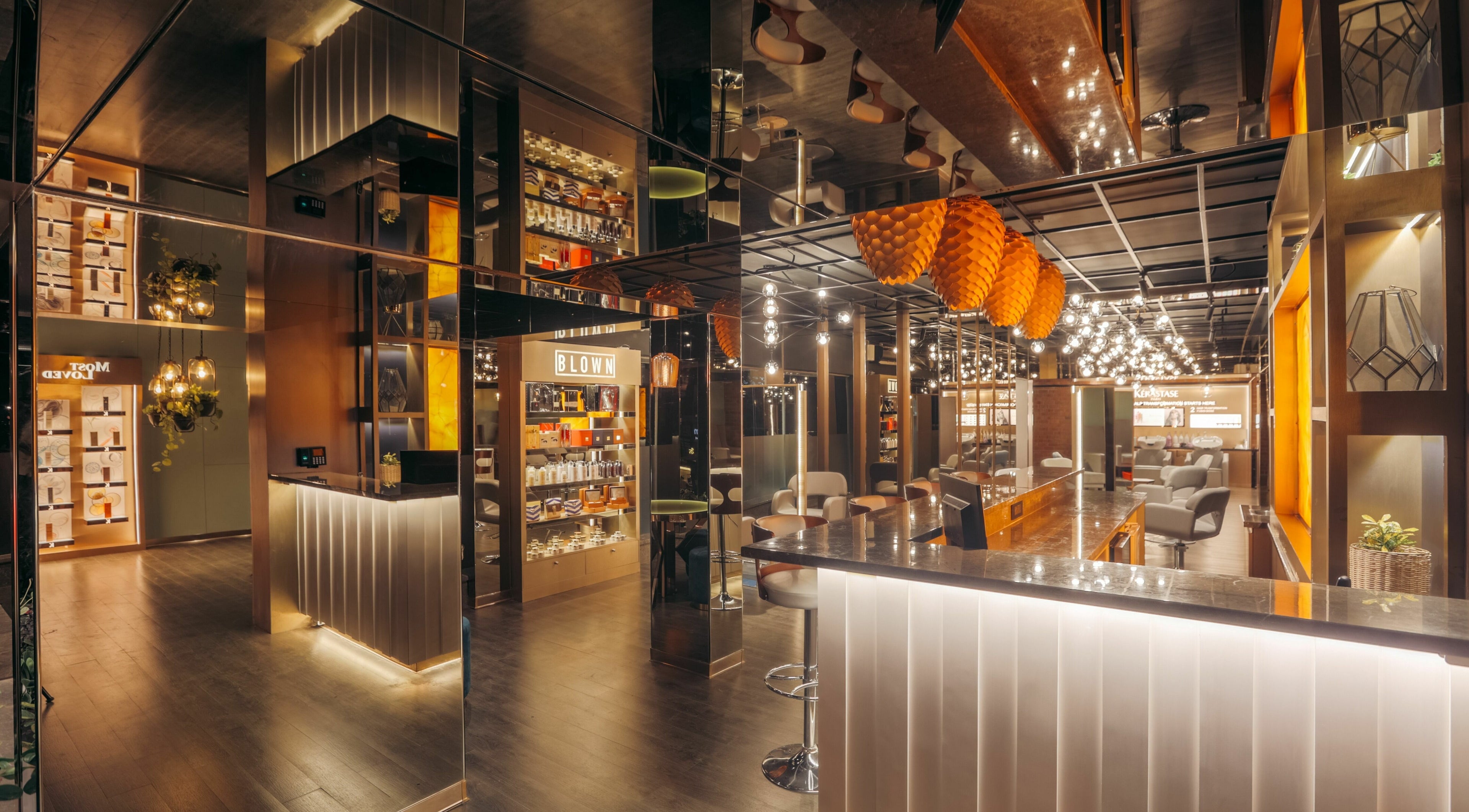 Elegant interior of Blown - Salon - Indiranagar in Bangalore, Karnataka, IN with stylish lighting and decor.