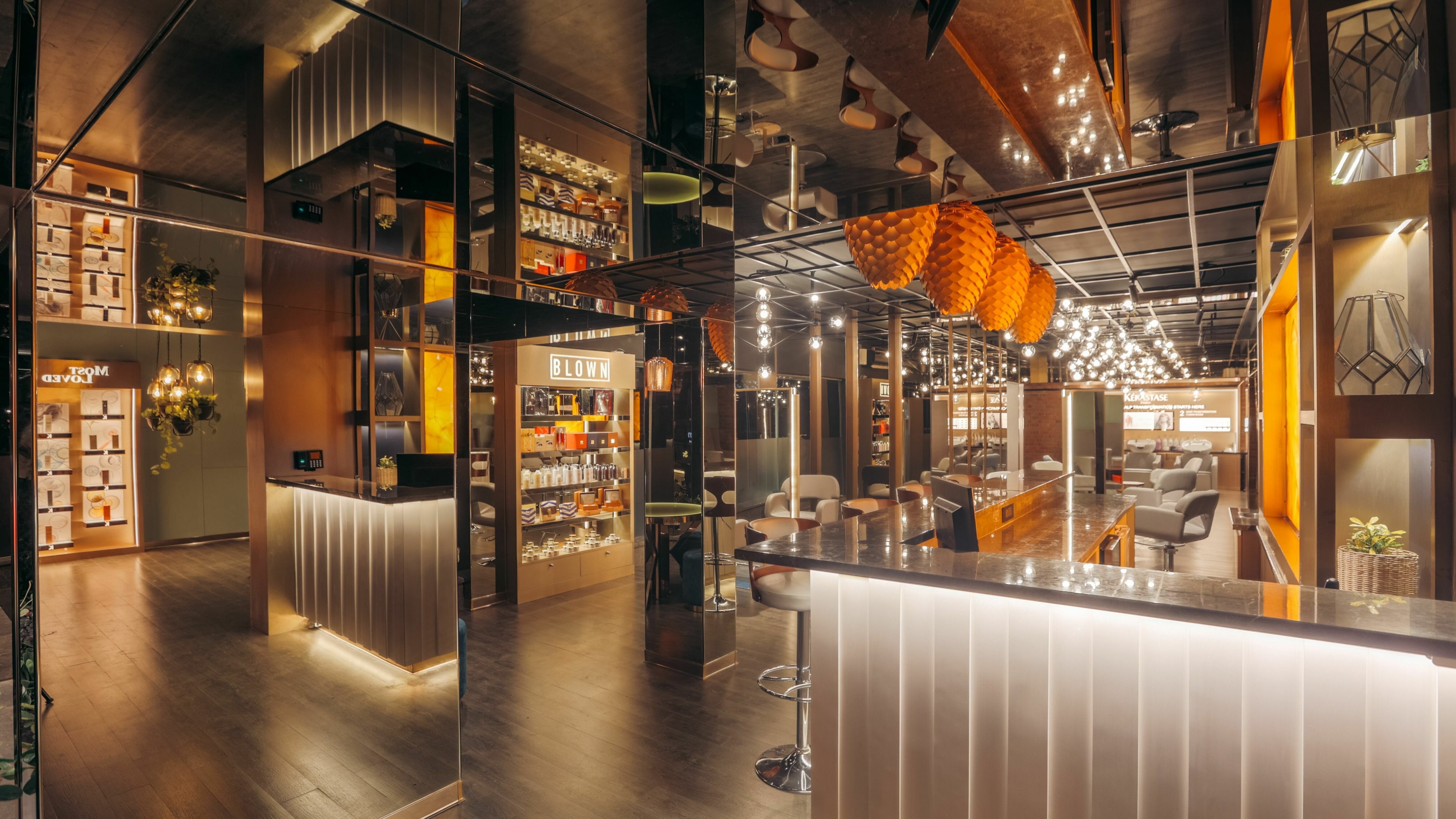 Elegant interior of Blown - Salon - Indiranagar in Bangalore, Karnataka, IN with stylish lighting and decor.