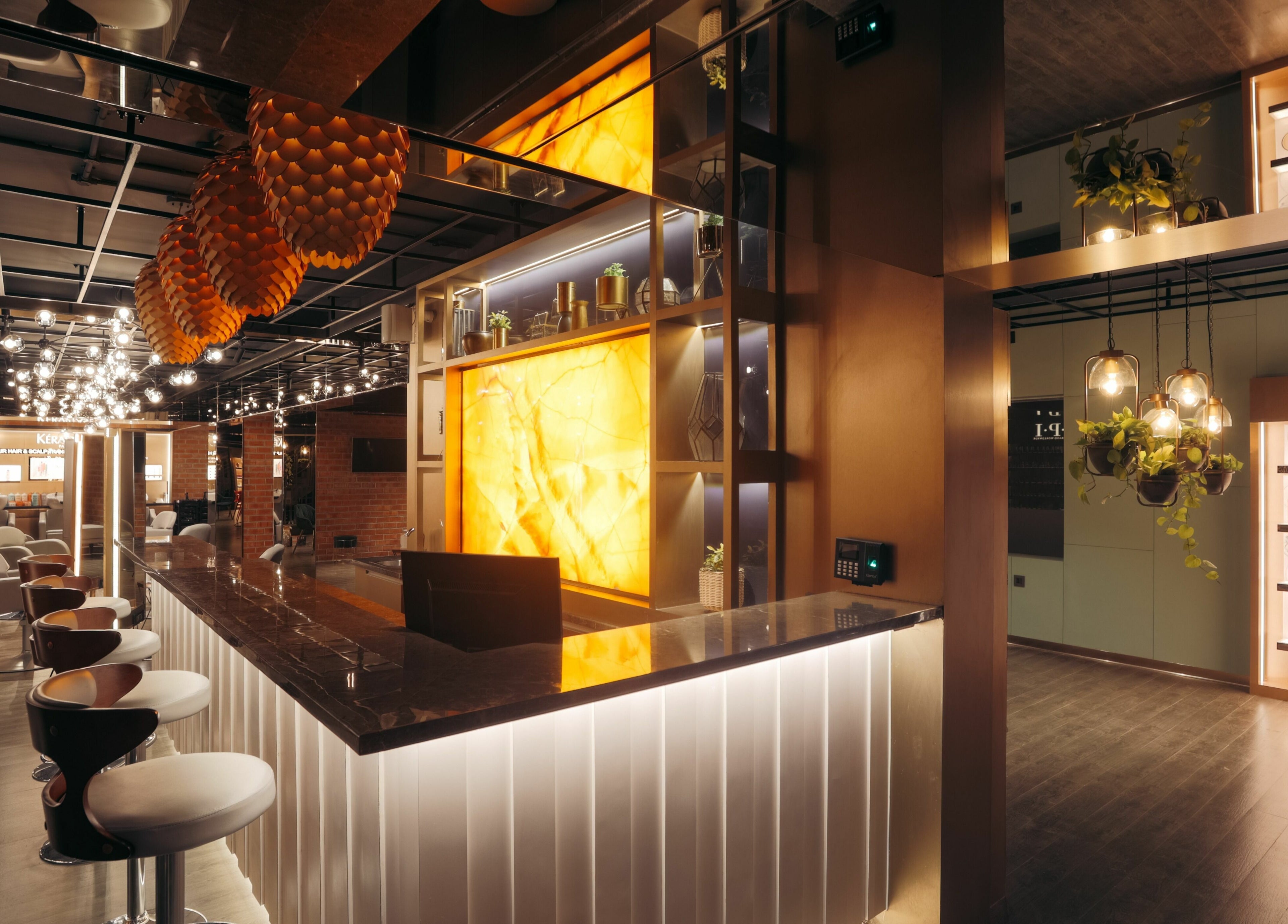 Interior of Blown - Salon - Indiranagar in Bangalore, Karnataka, IN, featuring modern lighting and sleek decor.