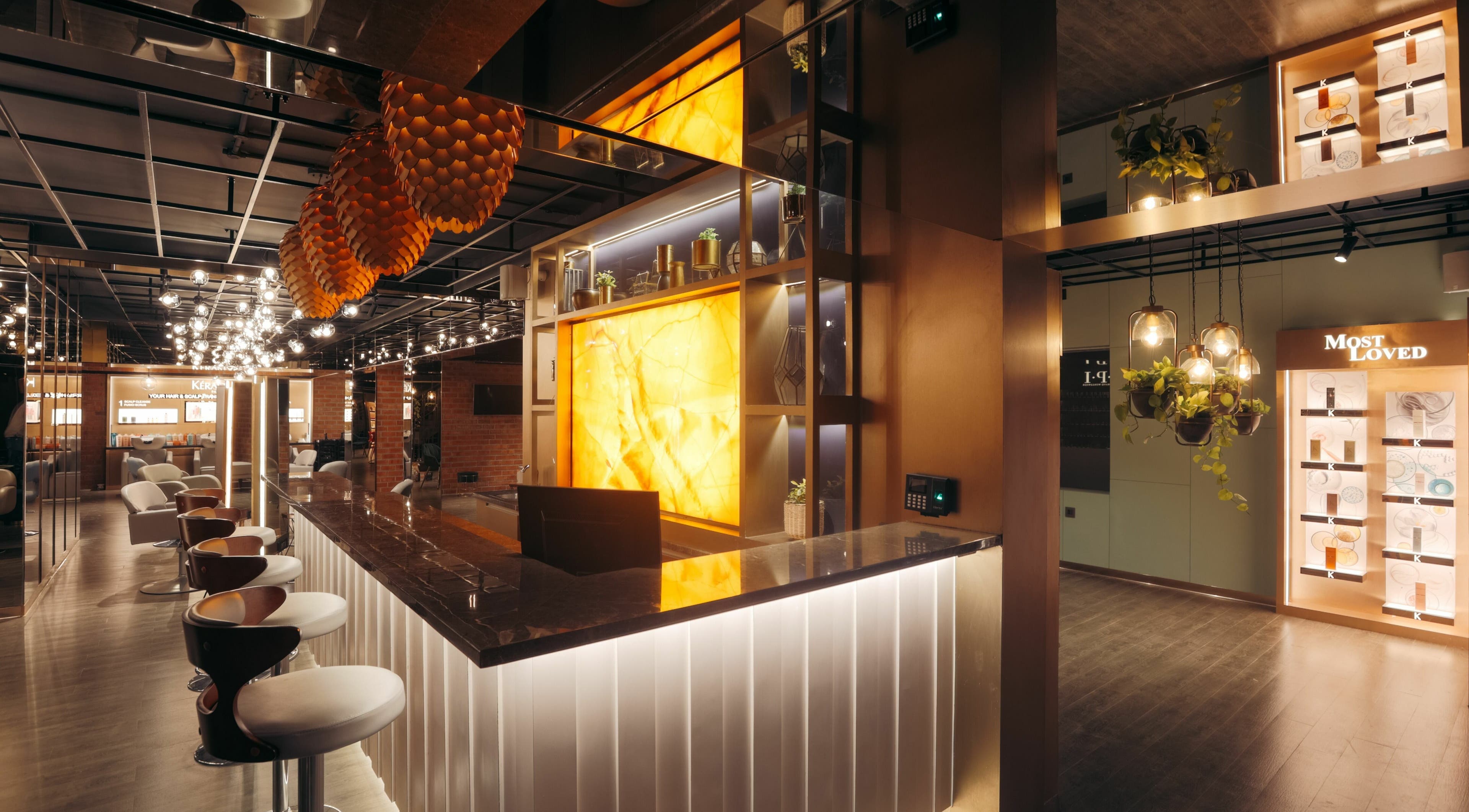 Interior of Blown - Salon - Indiranagar in Bangalore, Karnataka, IN, featuring modern lighting and sleek decor.