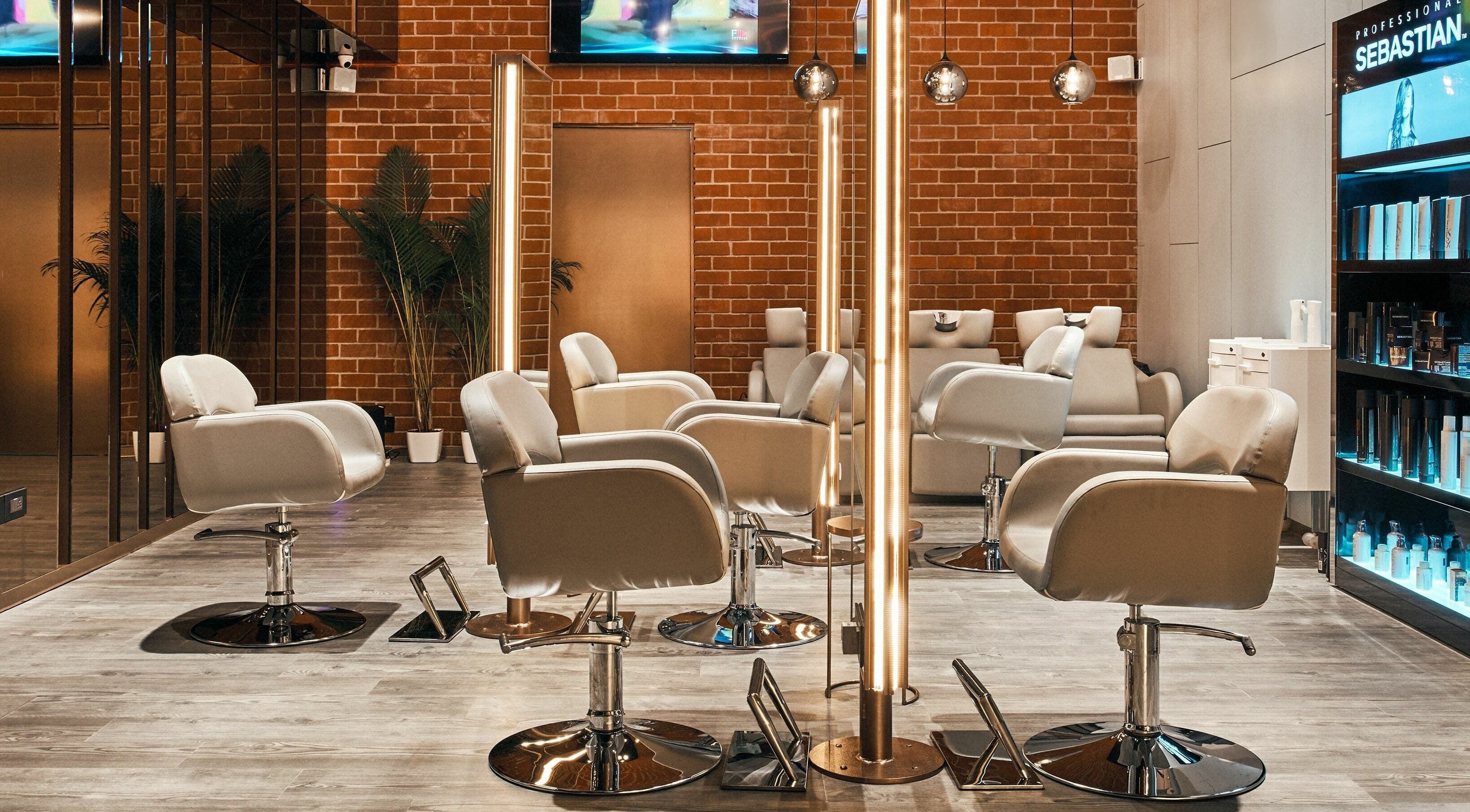 Modern salon chairs and mirrors at Blown - Salon - Vittal Mallya Road, Bangalore, Karnataka, IN.