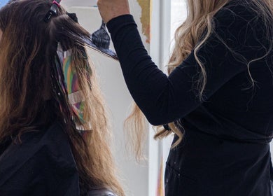 Hair coloring session at Chantelle Douglas Hairdressing, Falkirk, Scotland, GB. Expert stylist in action.