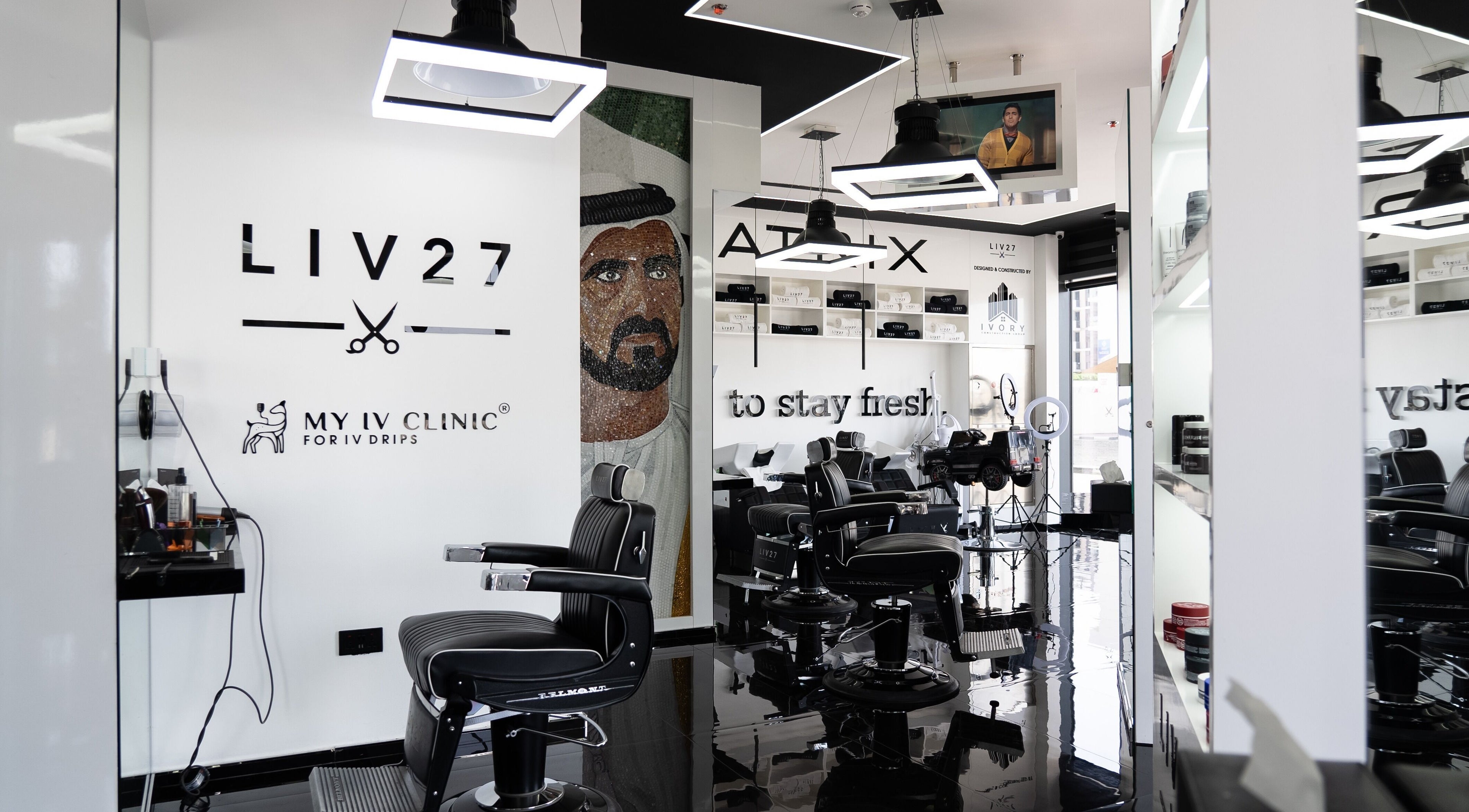 LIV27 - Al Barsha Branch interior, sleek black barber chairs, modern decor, Dubai, Dubai, AE.
