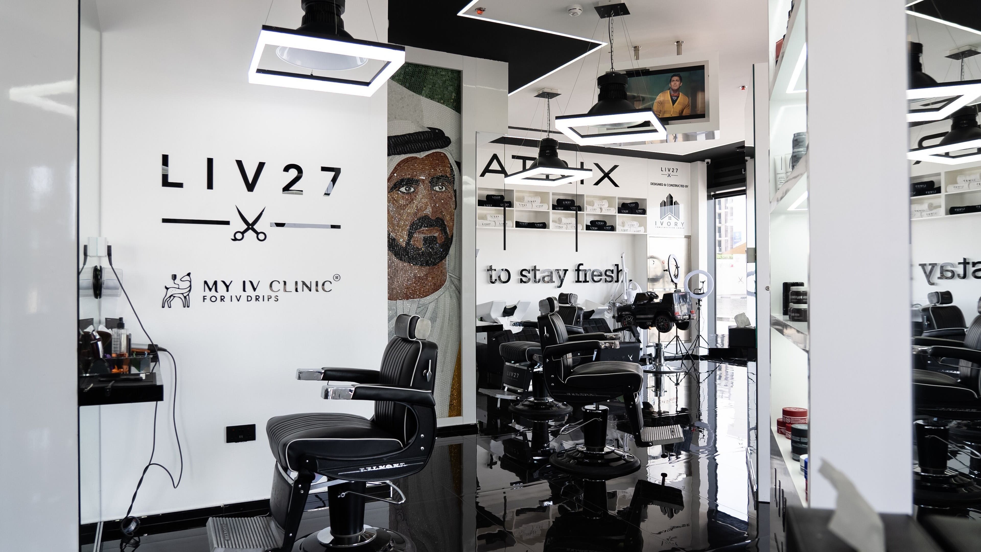 LIV27 - Al Barsha Branch interior, sleek black barber chairs, modern decor, Dubai, Dubai, AE.