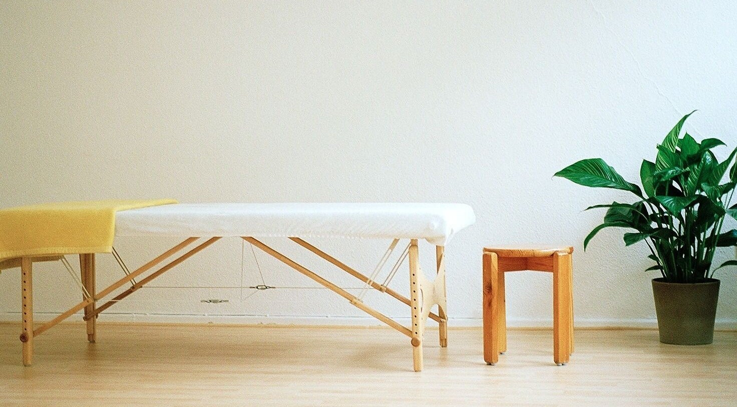 Luftiger Massageraum mit Liege und Pflanze bei Body Mind Academy, Kiel, Schleswig-Holstein, DE.