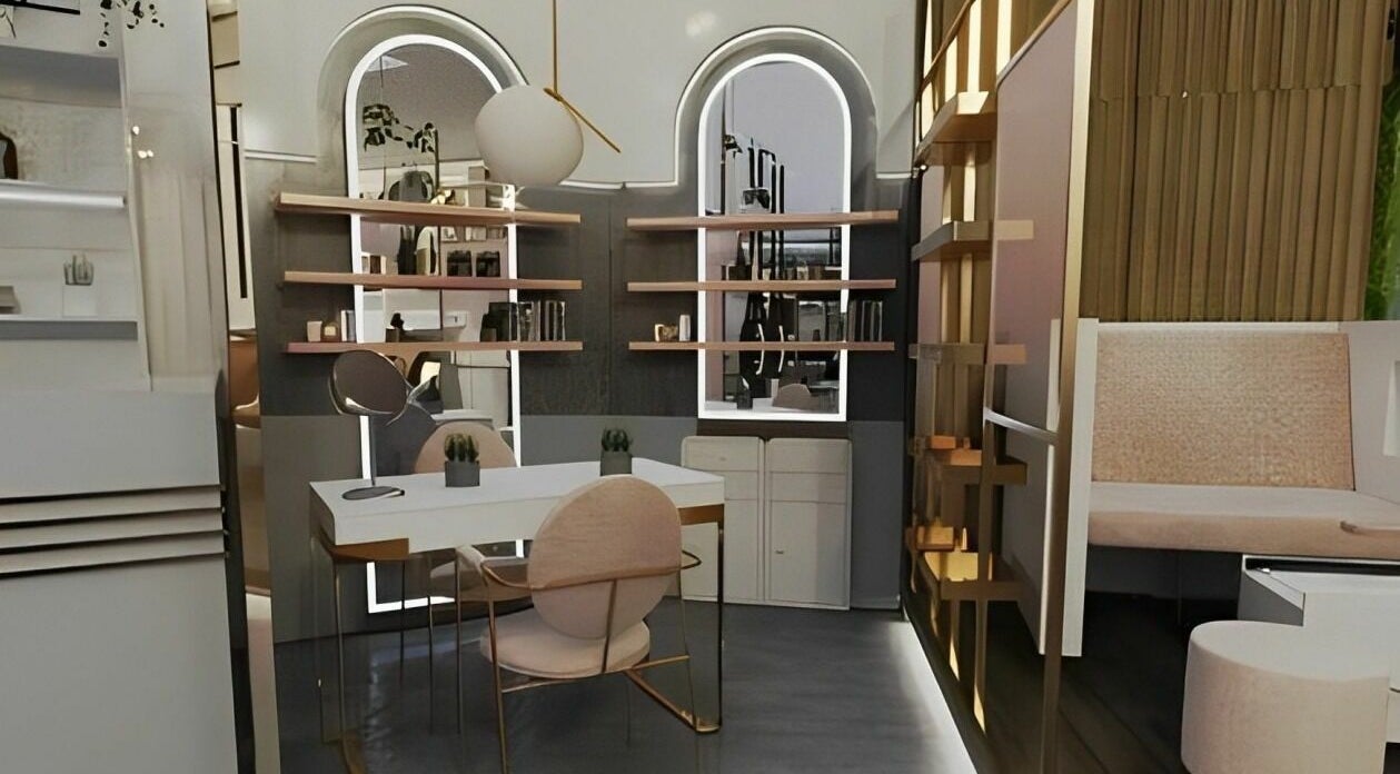 Elegant styling area at Dore Ladies Salon in Dubai, AE with modern decor and cozy ambiance.