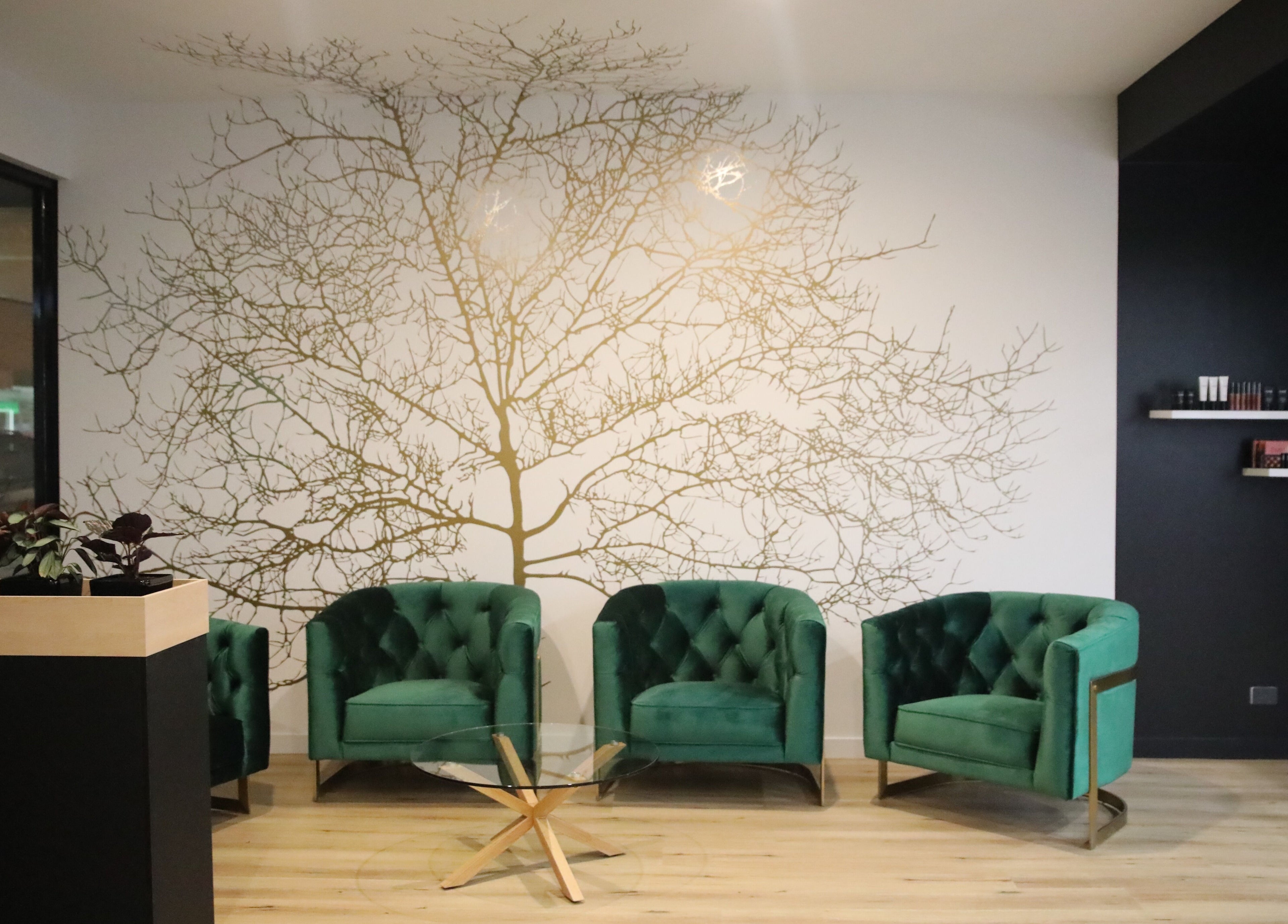 Elegant seating area with green velvet chairs at Mojjatchi | Launceston, Launceston, TAS, AU.