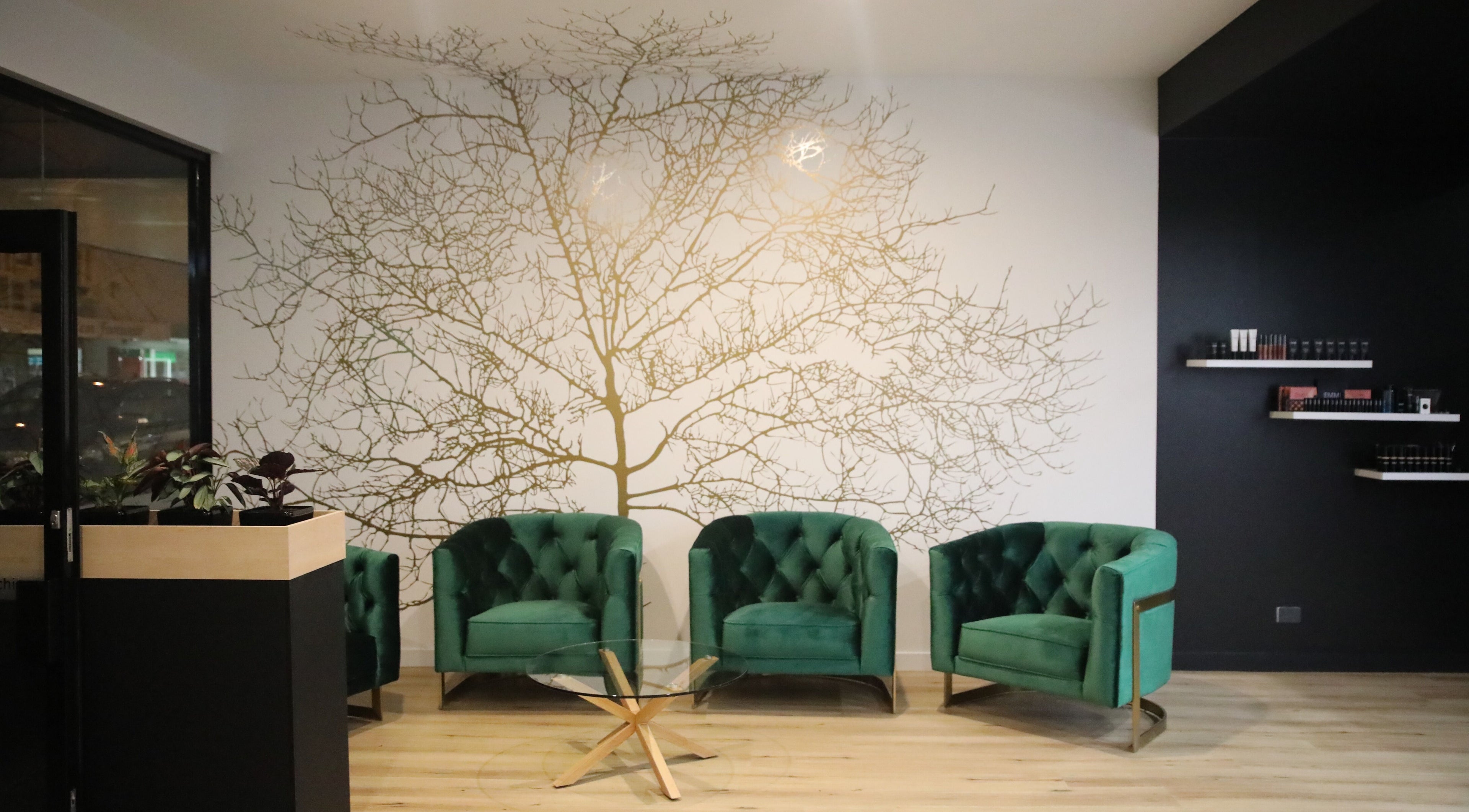 Elegant seating area with green velvet chairs at Mojjatchi | Launceston, Launceston, TAS, AU.