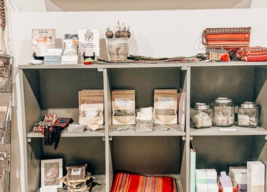 Herb jars and magazines at Mama Flowers, Kutztown, Pennsylvania, US.