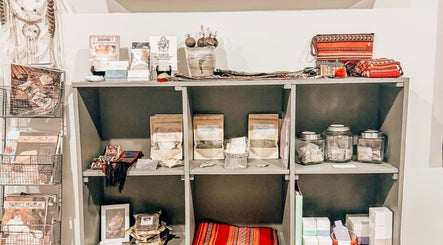 Herb jars and magazines at Mama Flowers, Kutztown, Pennsylvania, US.