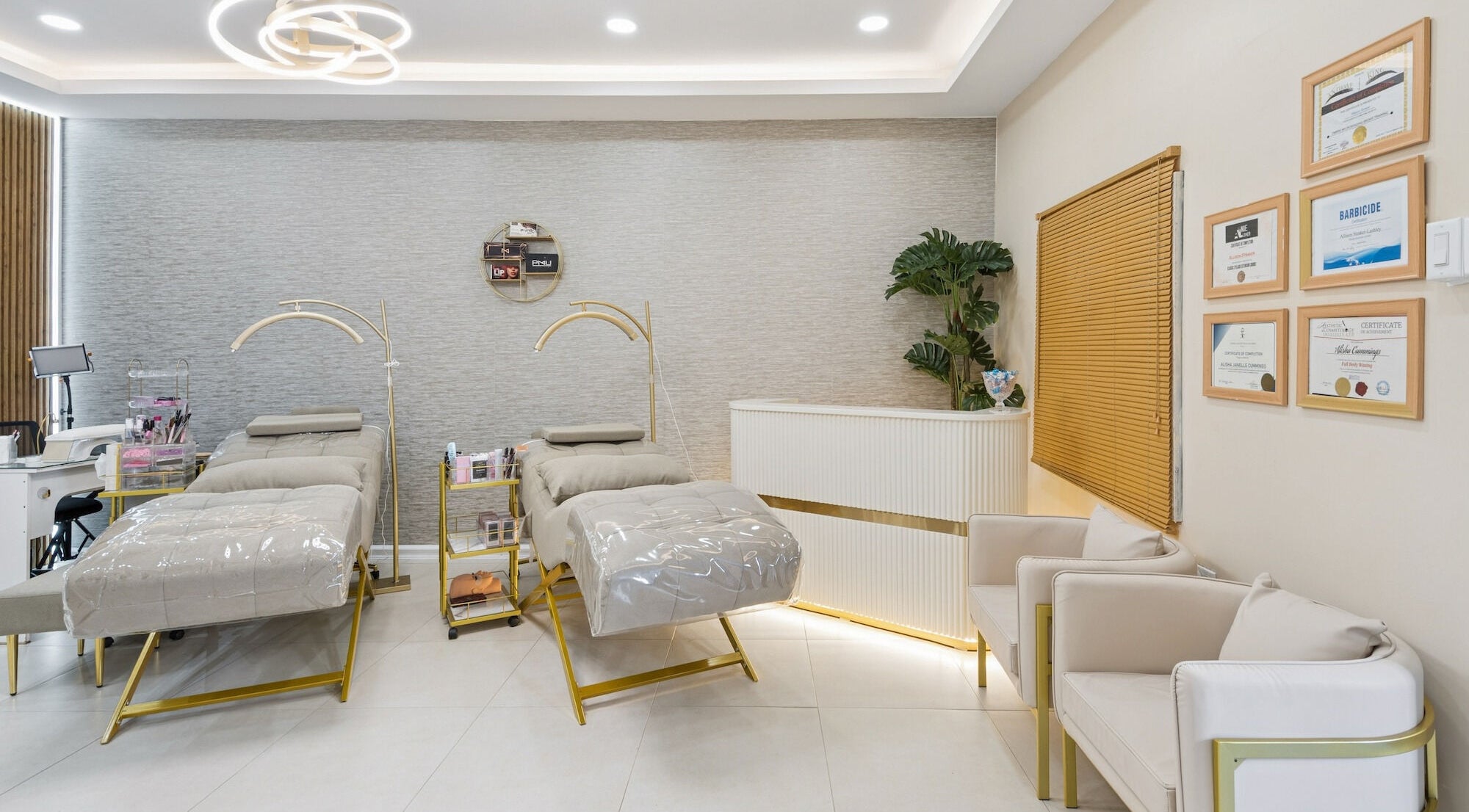 Luxurious treatment room at Heights of Slay, Arima, Arima Borough Corporation, TT, featuring plush beds and chic decor.