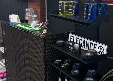 Stylish reception at Elegance Studio Barbers in Paphos, Paphos, CY, showcasing premium grooming products.