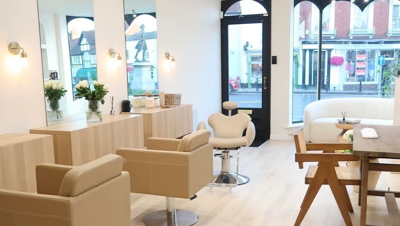 Modern beauty salon interior at WESTERHAM, Kent, England, GB with stylish decor and comfortable seating.