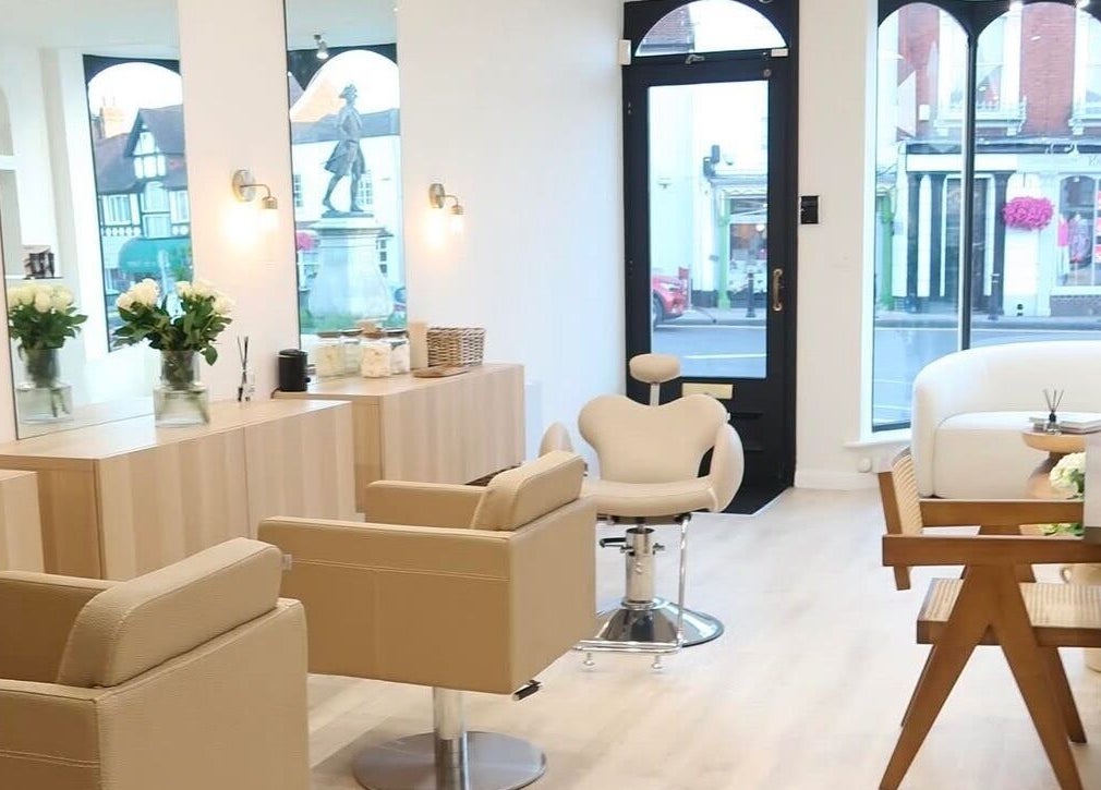 Modern beauty salon interior at WESTERHAM, Kent, England, GB with stylish decor and comfortable seating.