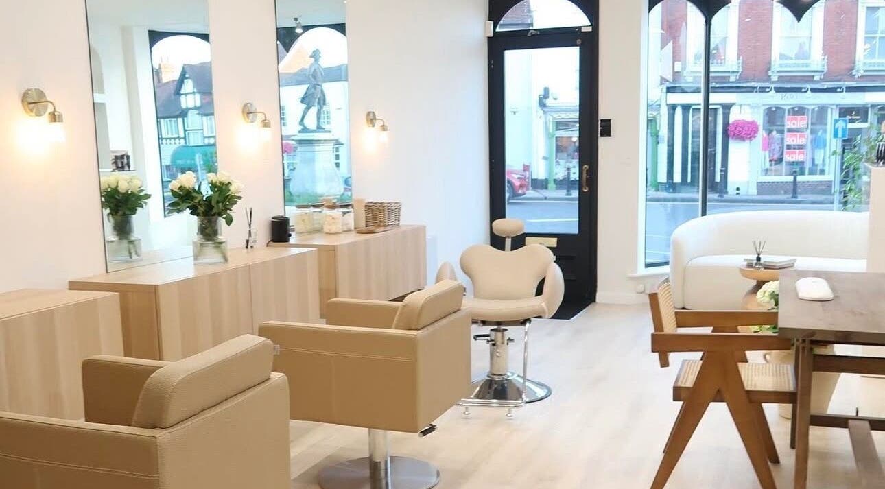 Modern beauty salon interior at WESTERHAM, Kent, England, GB with stylish decor and comfortable seating.